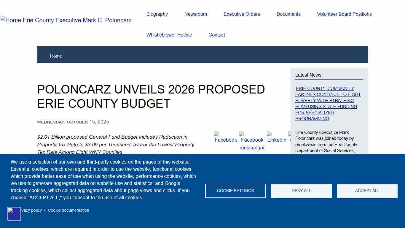 POLONCARZ UNVEILS 2026 PROPOSED ERIE COUNTY BUDGET Erie County Executive Mark C. Poloncarz